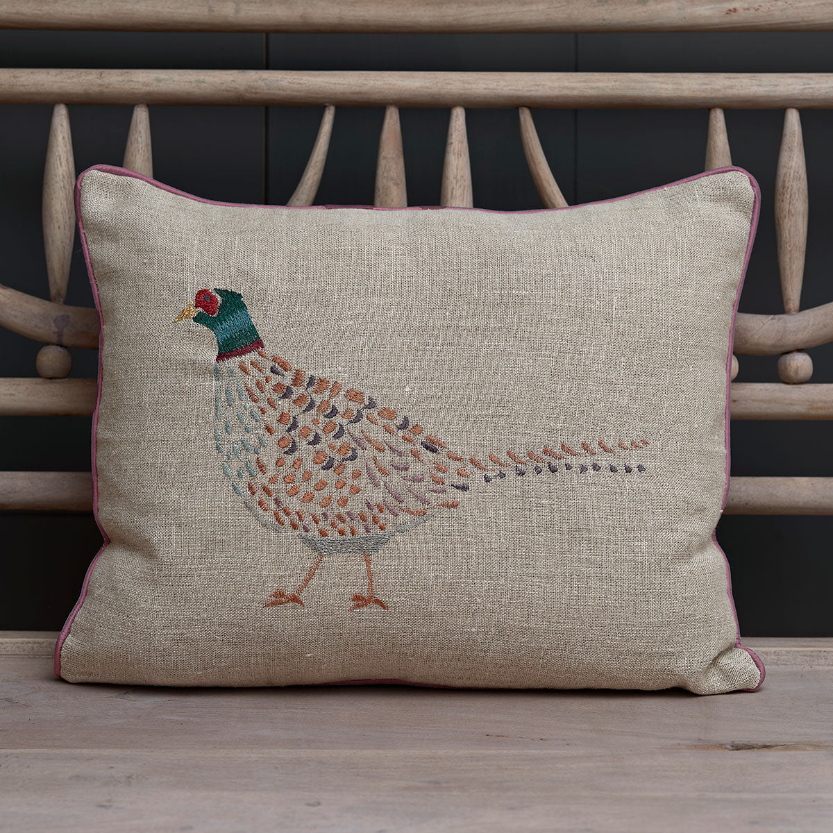 Embroidered Pheasant Linen Cushion Susie Watson Designs
