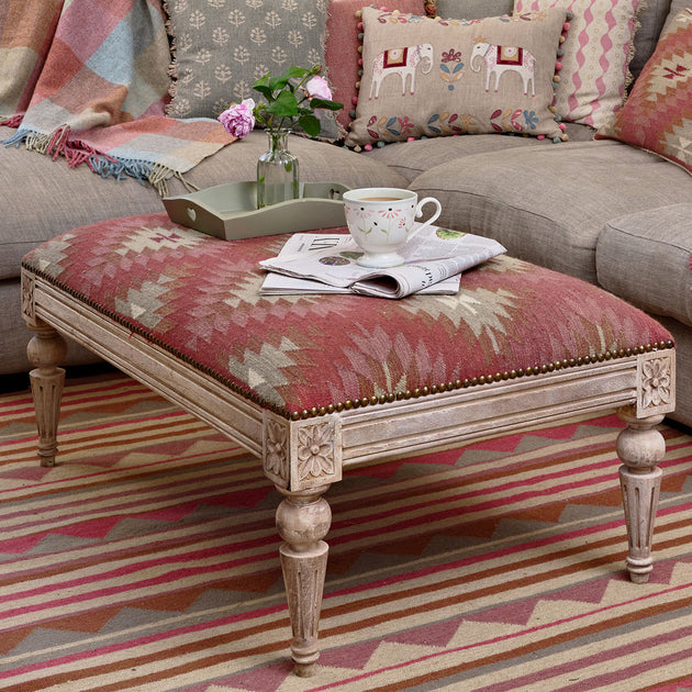 Carved Rectangular Kilim Footstool