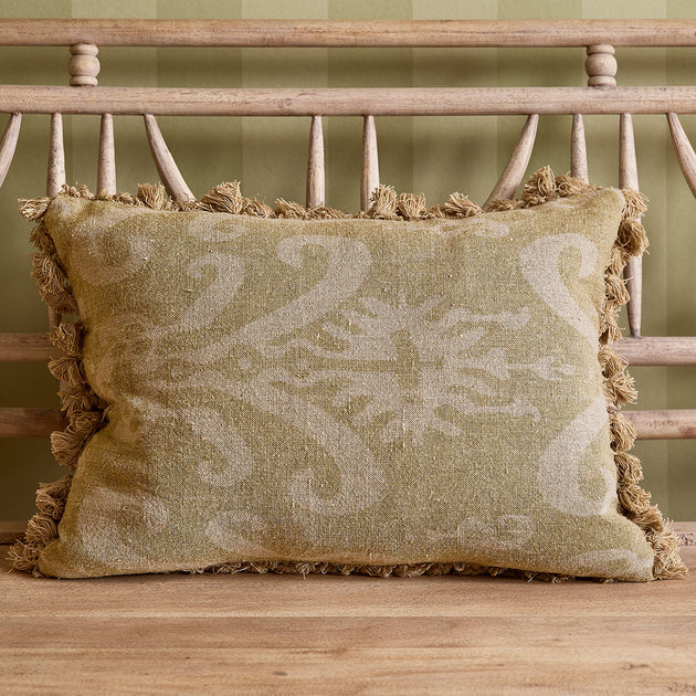 Green Gold Sacha Rustic Linen Cushion with Tassels