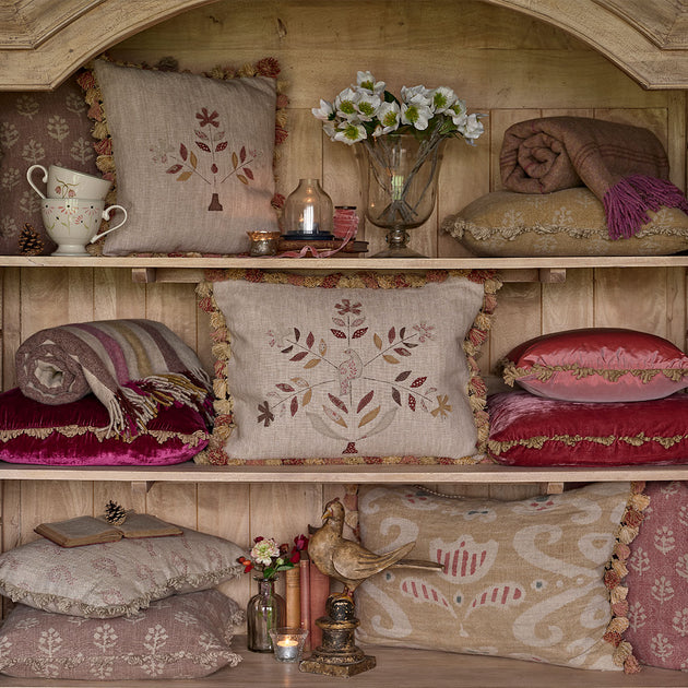 Saffron Freja Bird Tree Rustic Linen Cushion