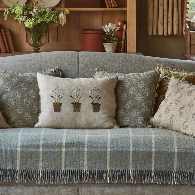 Embroidered Three Snowdrops Smokey Green Linen Cushion