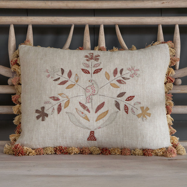 Saffron Freja Bird Tree Rustic Linen Cushion