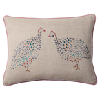 Guinea Fowl Pair Embroidered Linen Cushion