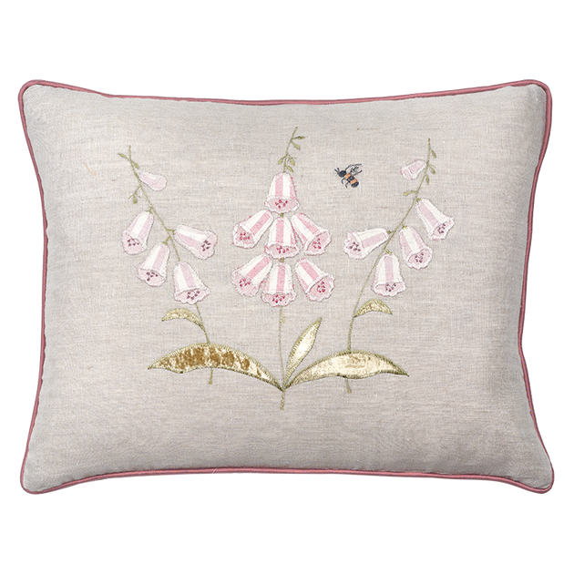 Embroidered Three White Foxglove Linen Cushion