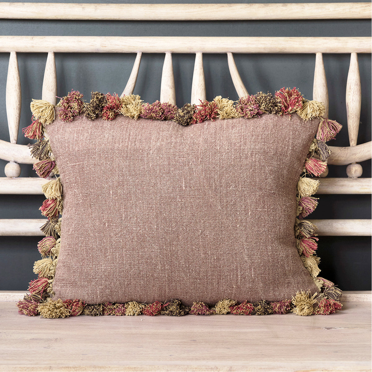 Dusky Mauve Rustic Linen Cushion with Tassels Susie Watson Designs