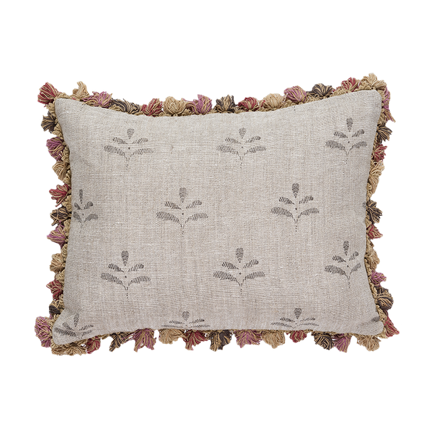 Charcoal Leaf Rustic Linen Cushion with Tassels