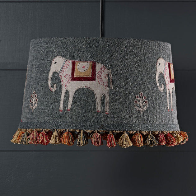 Embroidered Indigo Linen Pendant Lampshade with Tassels