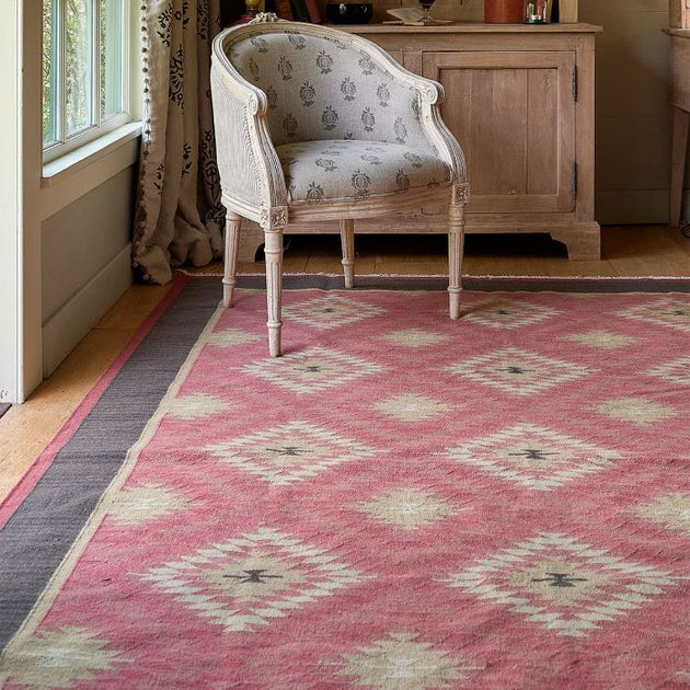 Rose Charcoal Shimla - Hand-woven Wool Kilim