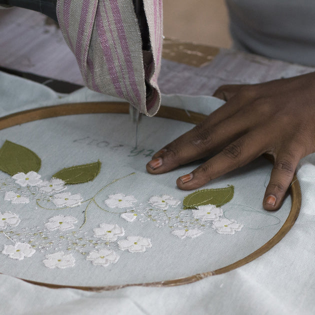 Embroidered Duck Egg Lacecap Hydrangea Cushion