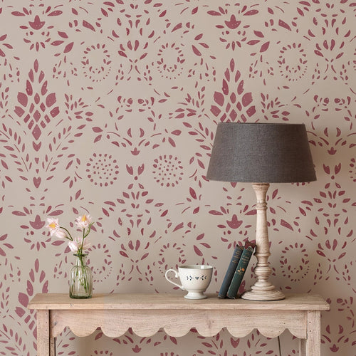 Red wallpaper with Charcoal lampshade and small side table