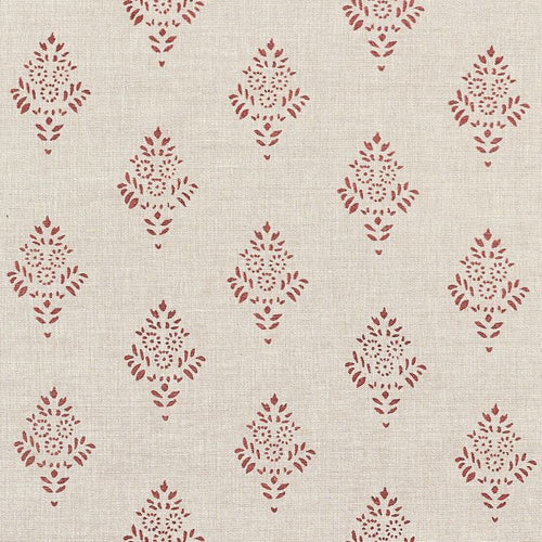 Brick red Anisha block print on natural cotton, flat fabric detail