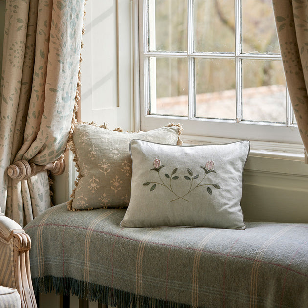 Embroidered Crossed Rosebuds Cotton Cushion - Sea