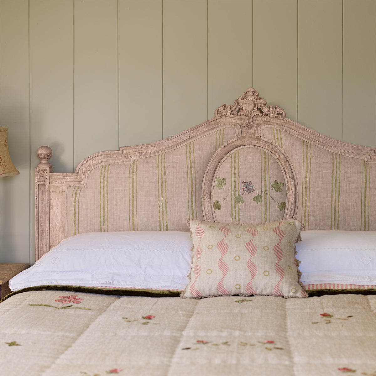 Sample Upholstered Gustavian Bed – Super King - Chartreuse Hartford Stripe/Summer Garland