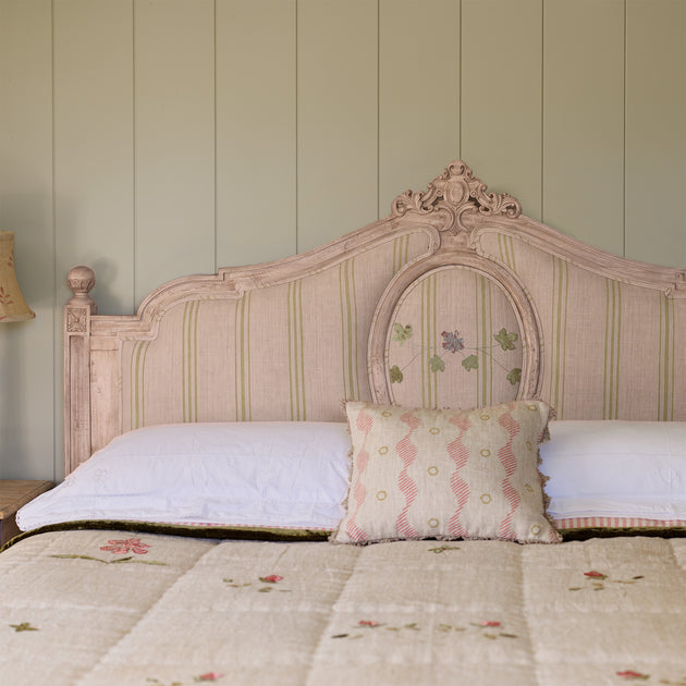 Sample Upholstered Gustavian Bed – Super King - Chartreuse Hartford Stripe/Summer Garland