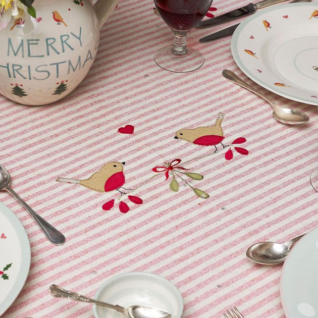 Red Stripe Robin & Rosehip Christmas Tablecloth – Large