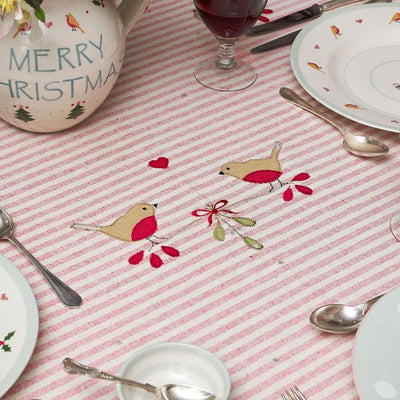 Red Stripe Robin &amp; Rosehip Christmas Tablecloth – Extra Large