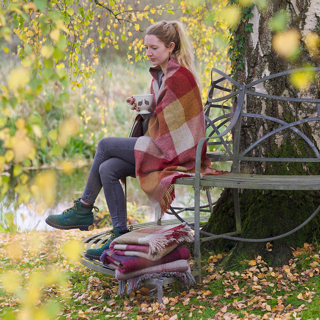 Red Gold Harlequin Shetland Wool Throw