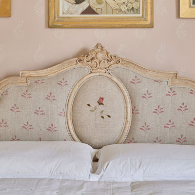 Upholstered Gustavian Kingsize Full Bed in Red Leaf &amp; Crossed Rosebud