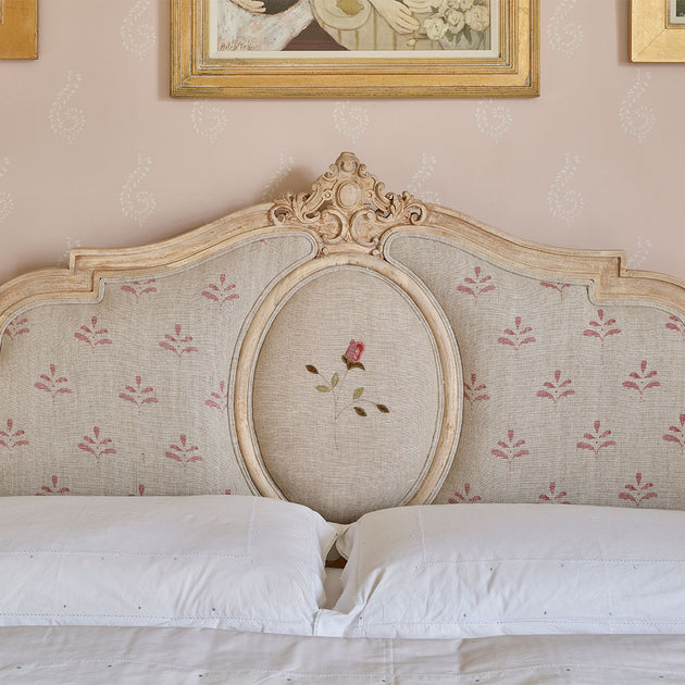 Upholstered Gustavian Kingsize Full Bed in Red Leaf & Crossed Rosebud