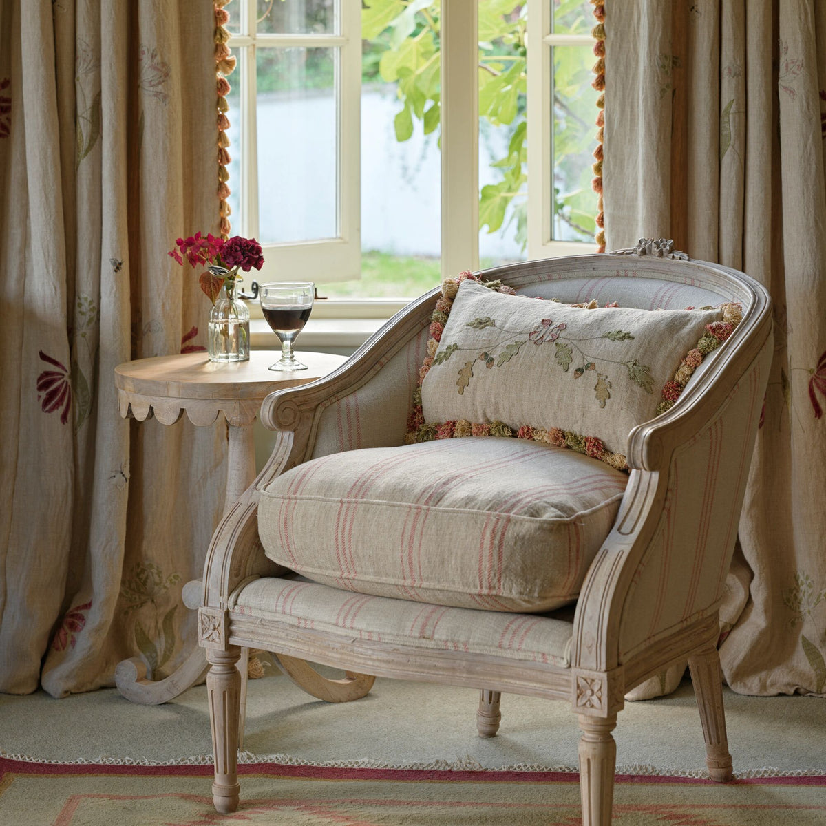 Embroidered Autumn Garland Cushion on Rustic Linen