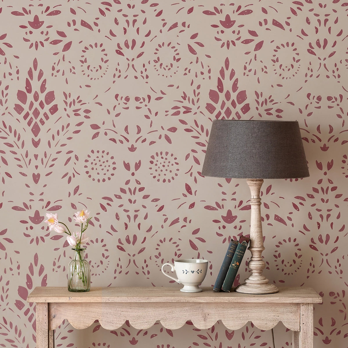 Red wallpaper with Charcoal lampshade and small side table