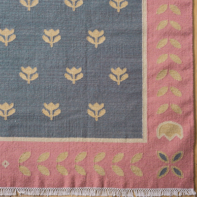 Deep Blue Gold Tulip - Hand-woven Wool Kilim