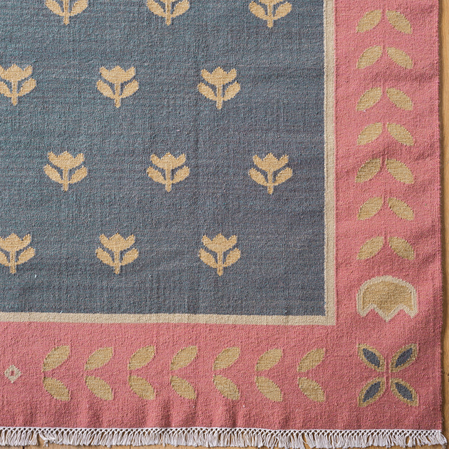 Hand-woven Wool Kilim - Deep Blue/Gold Tulip - Medium