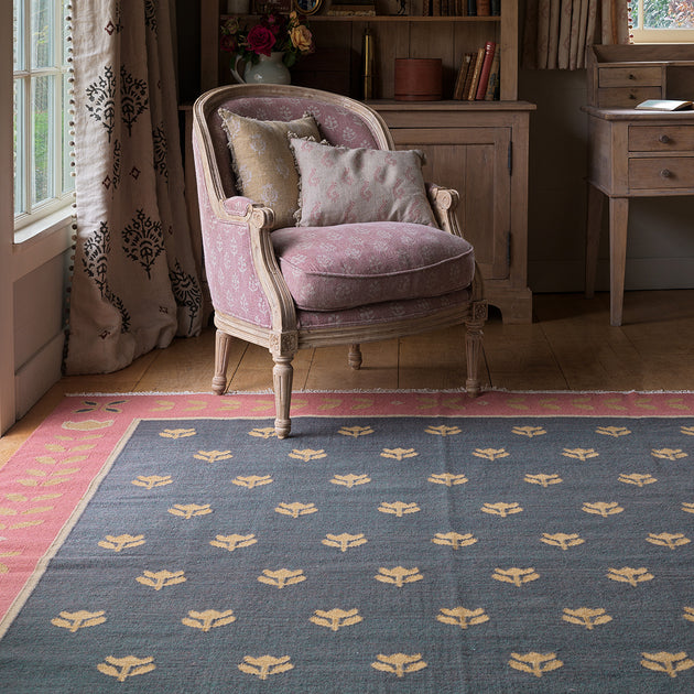 Hand-woven Wool Kilim - Deep Blue/Gold Tulip - Medium