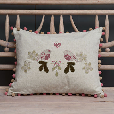 Embroidered Winter Lovebirds Cushion