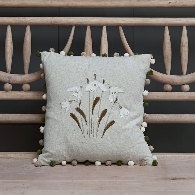 Embroidered Grey Snowdrop Cushion