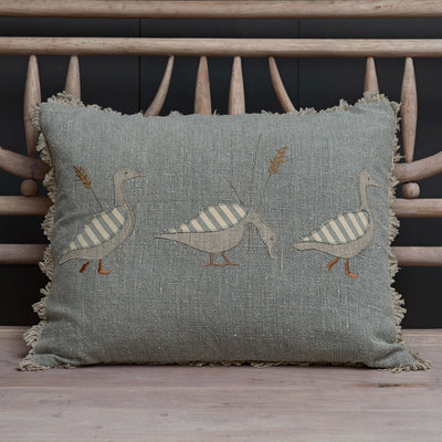 Embroidered Blue Geese Cushion