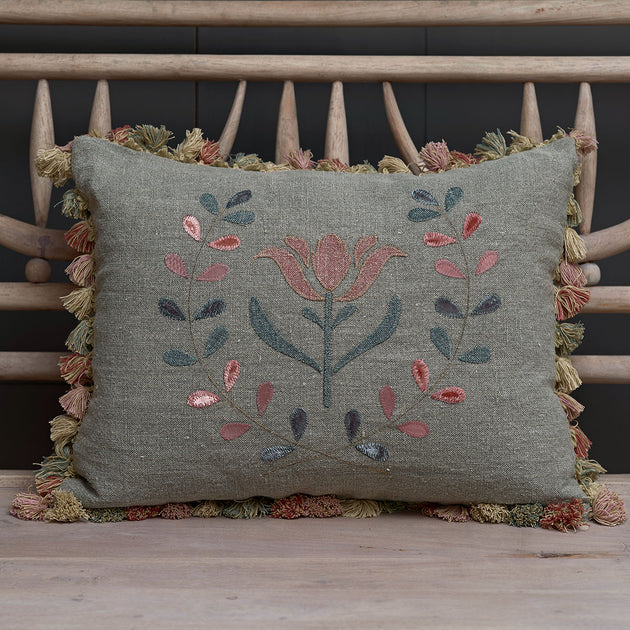 Embroidered Tulip Cushion with Tassels