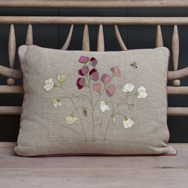 Embroidered Sweet Peas Rustic Linen Cushion