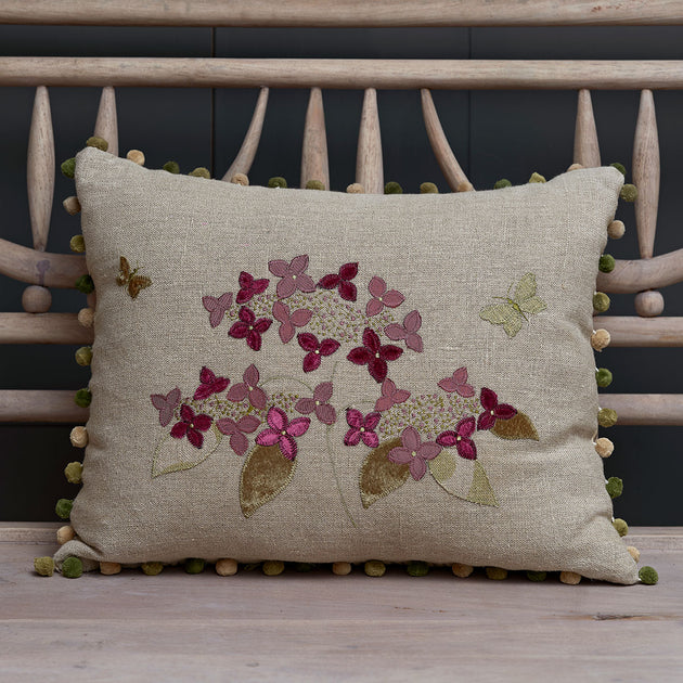 Embroidered Linen Autumn Hydrangea Cushion