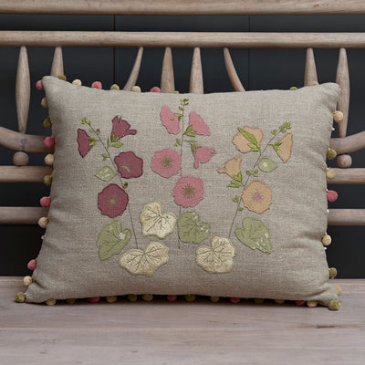 Hollyhocks Embroidered Linen Cushion