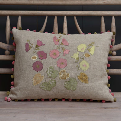 Hollyhocks Embroidered Linen Cushion in Velvet &amp; Silk