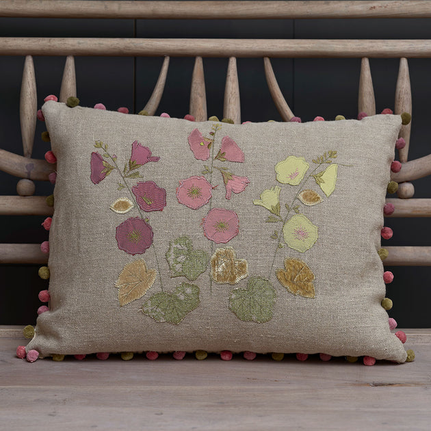 Hollyhocks Embroidered Linen Cushion in Velvet & Silk