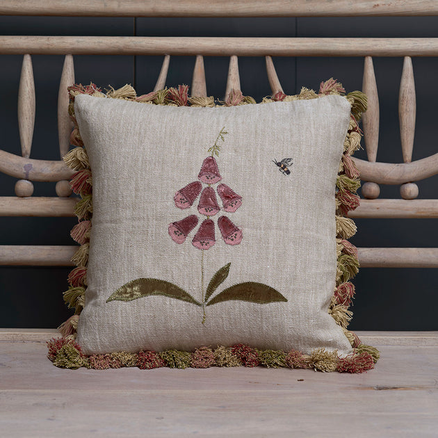 Rose Foxglove Rustic Linen Cushion with Tassels