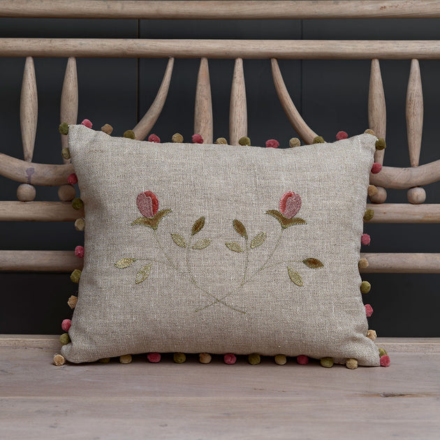 Embroidered Crossed Rosebuds Rustic Linen Cushion