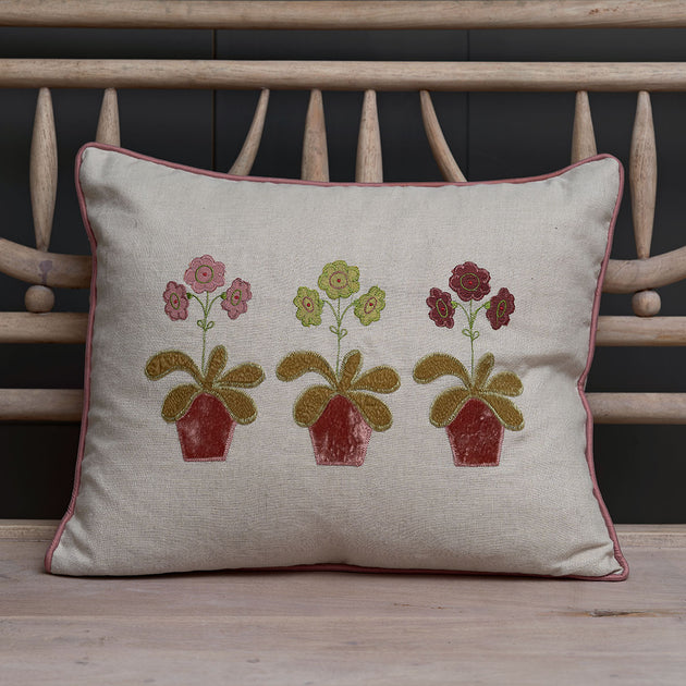 Embroidered Auriculas Linen Cushion