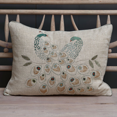 Embroidered Peacock Pair Linen Cushion