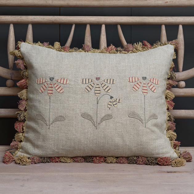 Appliqued Linen Echinacea Cushion with Tassels