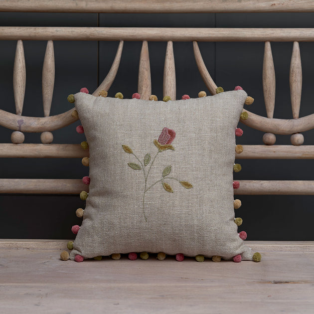 Embroidered Rosebud Rustic Linen Cushion