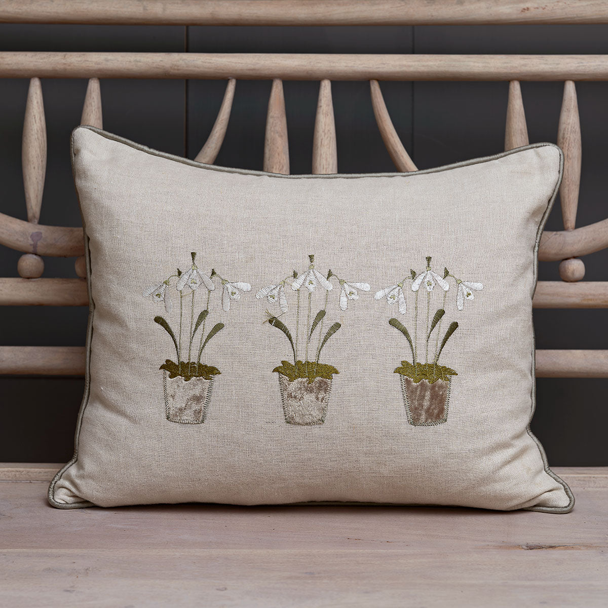 Embroidered Three Snowdrops Smokey Blue Linen Cushion