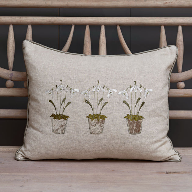 Embroidered Three Snowdrops Smokey Green Linen Cushion