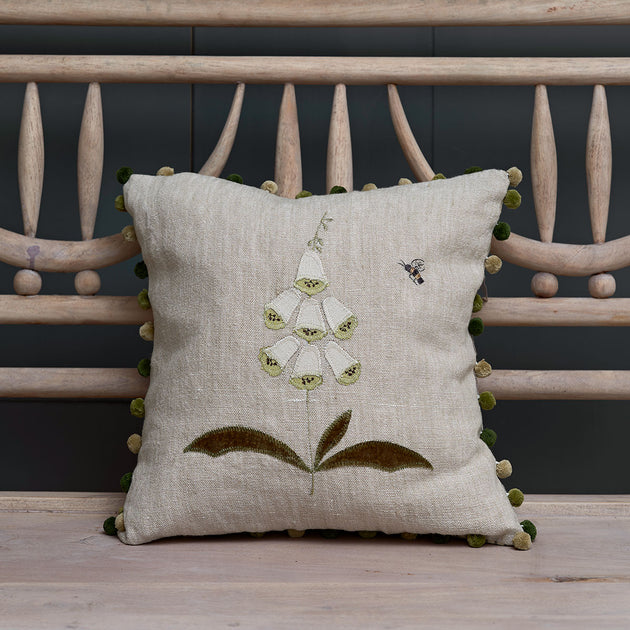 White Foxglove on Rustic Linen with Pompoms