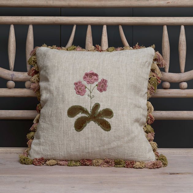 Embroidered Rose Auricula Rustic Linen Cushion with Tassels