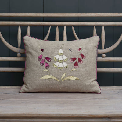 Embroidered Three Foxglove Rustic Linen Cushion