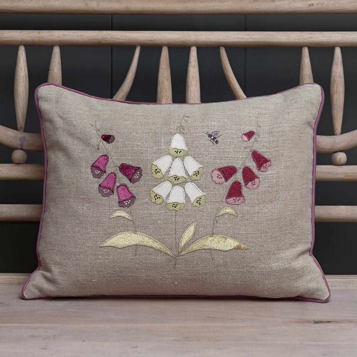 Embroidered Foxgloves Rustic Linen Cushion