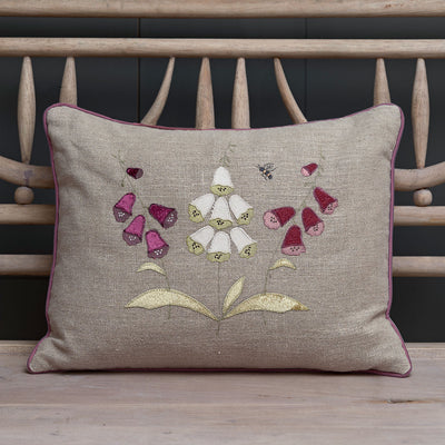 Embroidered Three Foxglove Rustic Linen Cushion